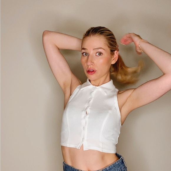 White Ribbed Racer Back Polo Top Size Small - Picture 7 of 9